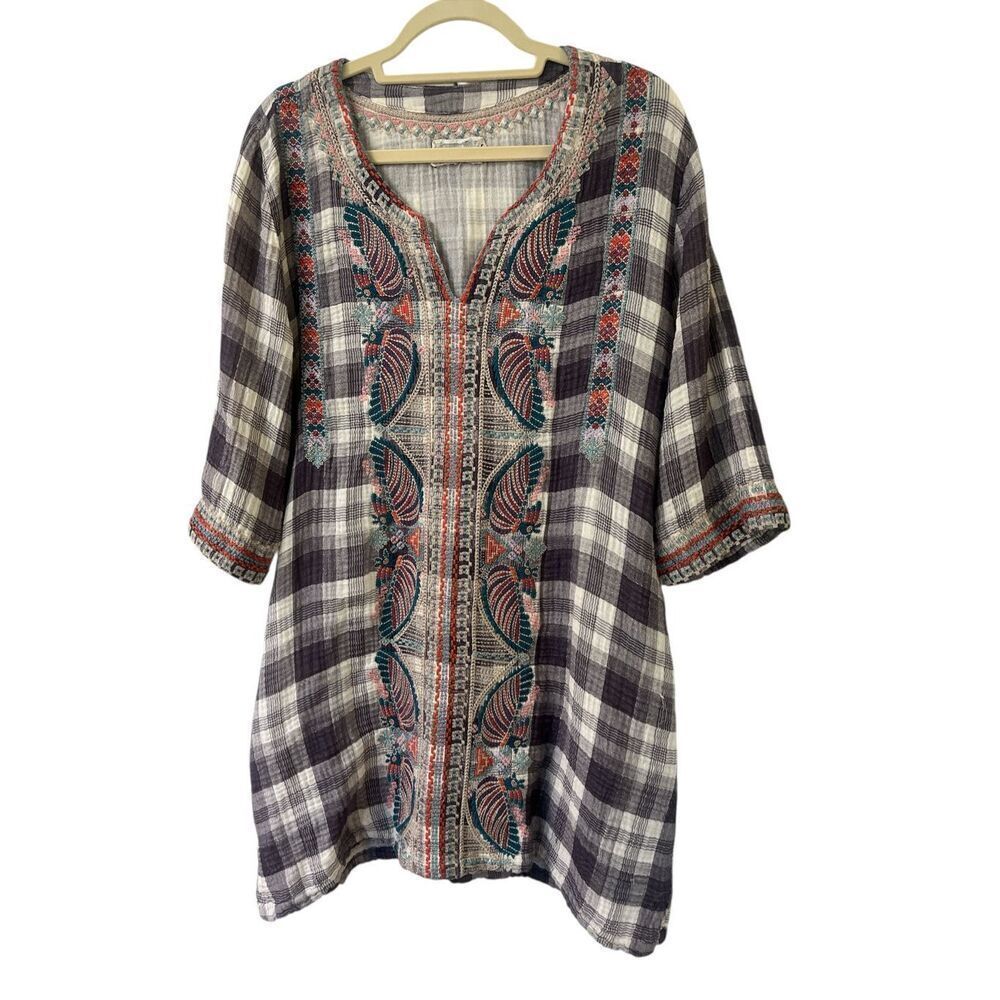 Johnny Was Claudine plaid madras dress embroidered bird pattern - Picture 2 of 5
